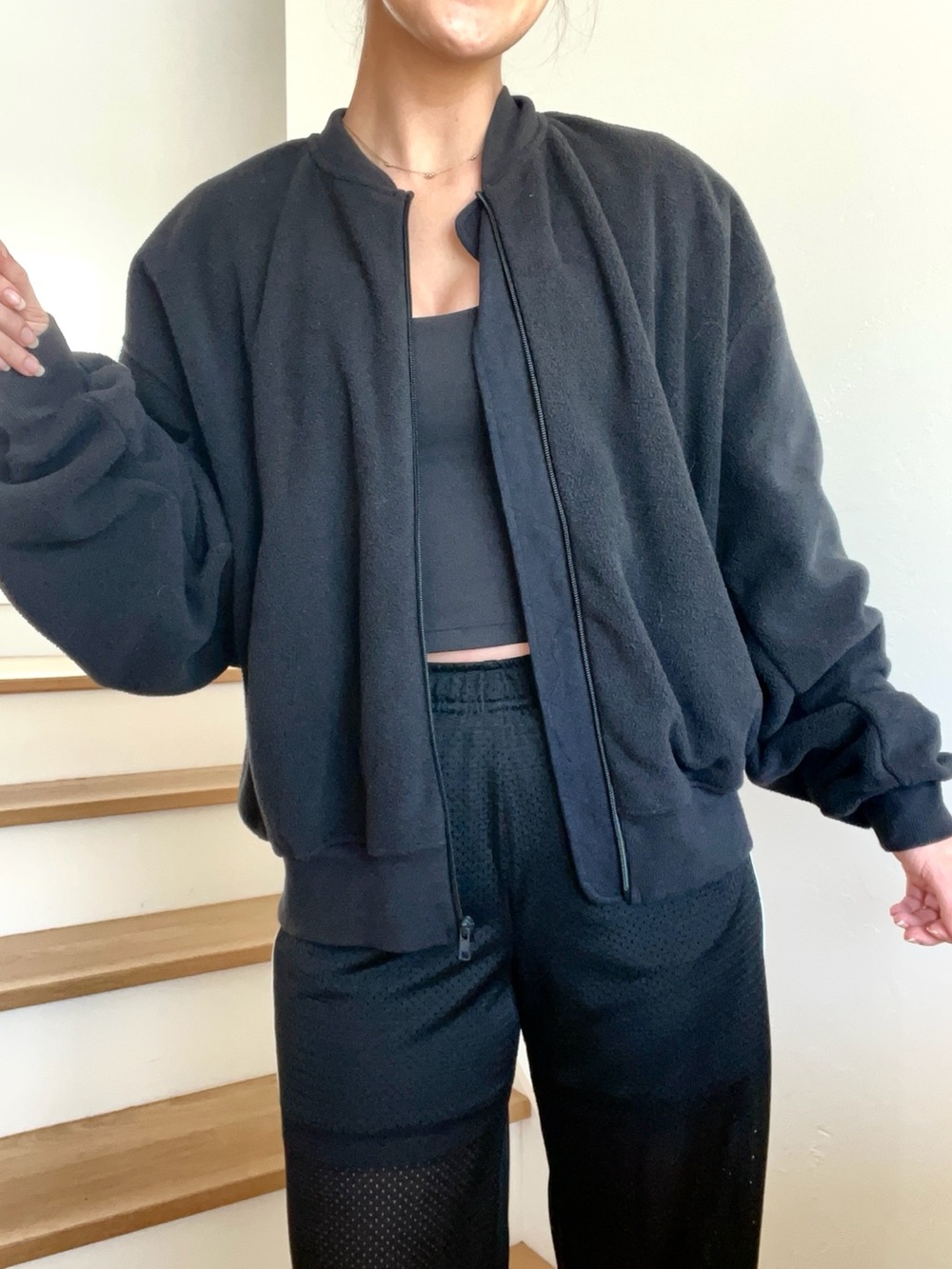 Skims Fleece Lounge Black Full Zip Soft Minimalist Bomber Jacket Coat Size Small
